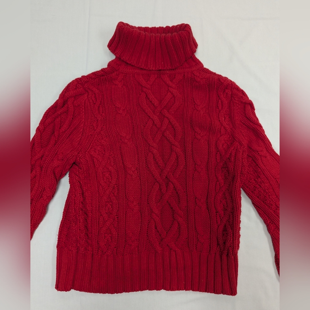 Lands' End Drifter Chunky Cable Knit Turtleneck Sweater In Red - Picture 9 of 12
